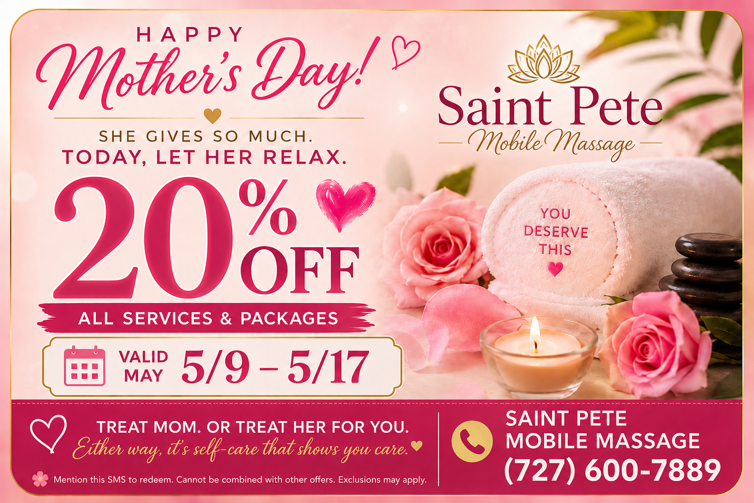Mother's Day 20 percent off coupon for Saint Pete Mobile Massage valid May 9 through May 17.